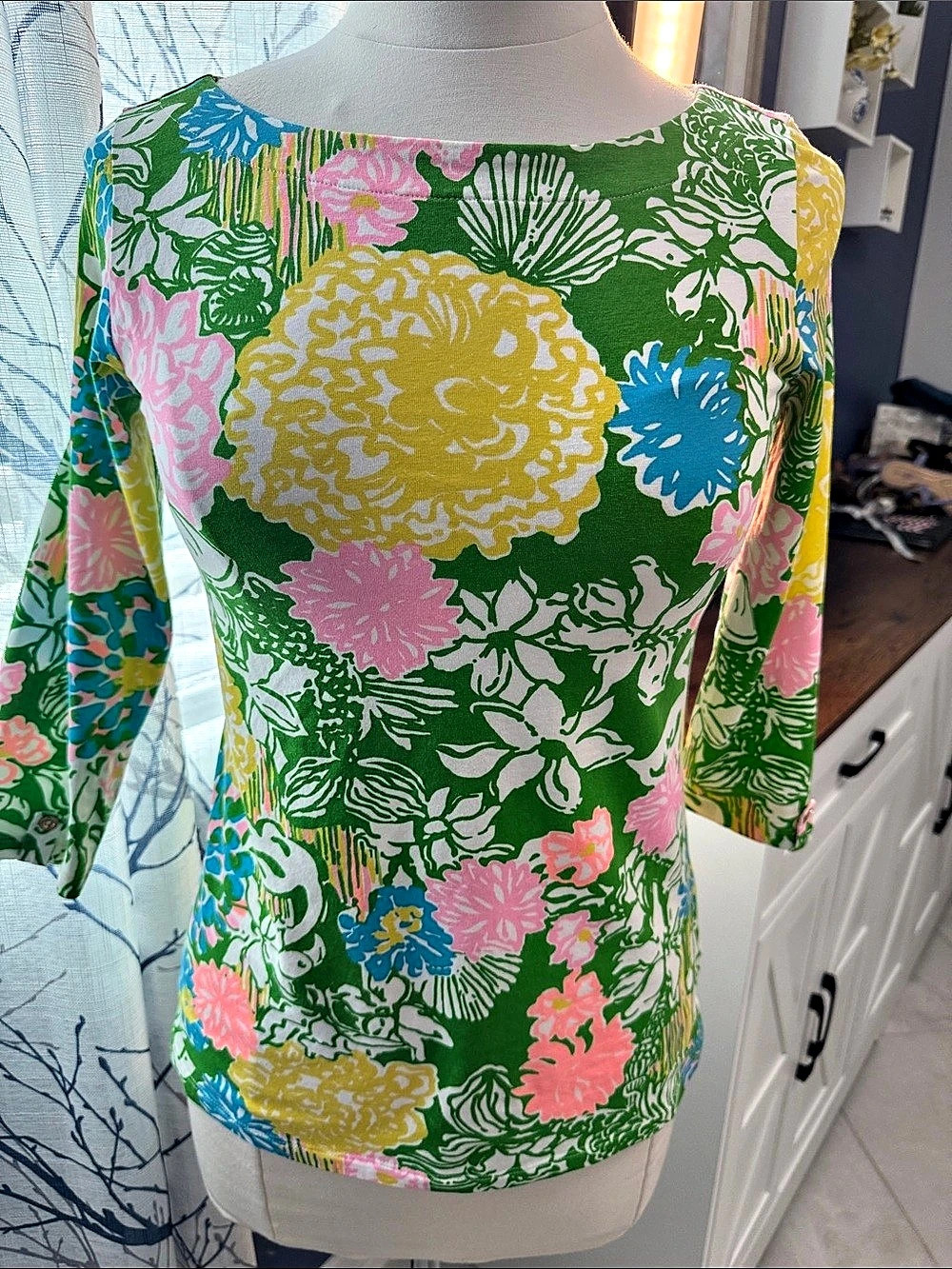 Lilly Pulitzer Floral Long Sleeve Top in Green & Pink